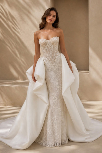 BOLODOO champagne ivory beaded lace mermaid bridal gown with detachable satin overskirt - full length front view showing sweetheart neckline and sheer corset bodice