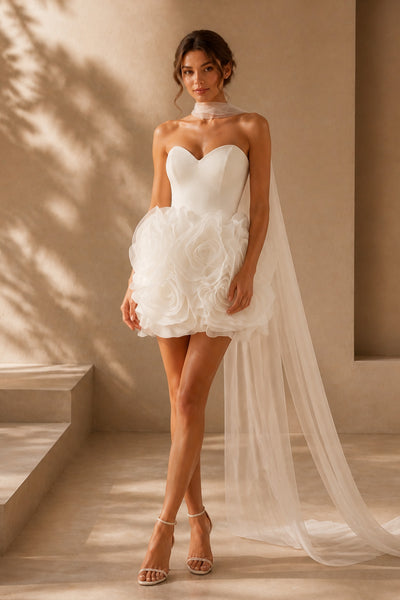 BOLODOO White 3D Rose Organza Strapless Corset Bubble Mini Wedding Dress with Cape Veil - Front Full View