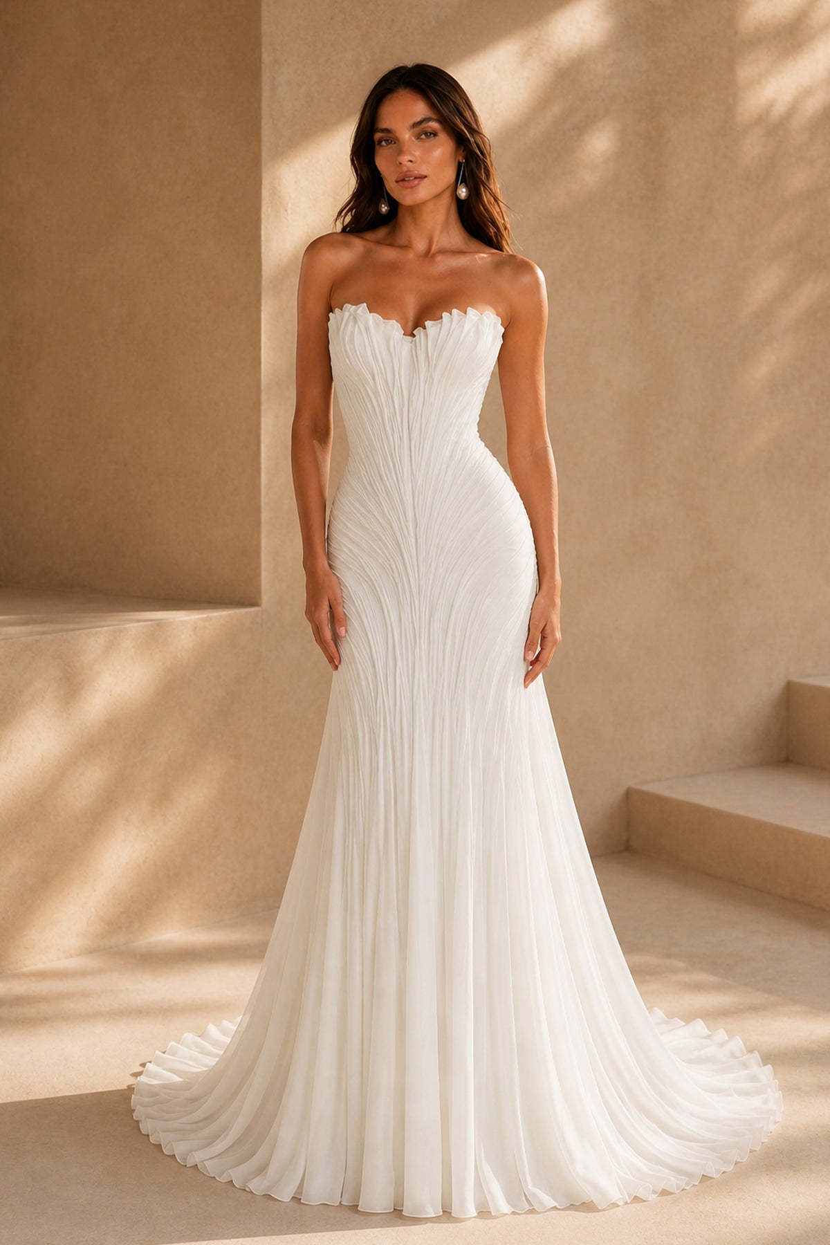 BOLODOO white pleated mermaid wedding gown - front close-up view showing scalloped sweetheart neckline and radiating pleat bodice detail