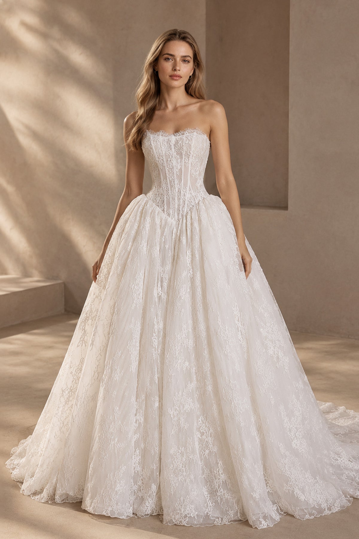 BOLODOO strapless lace corset ball gown wedding dress - front view