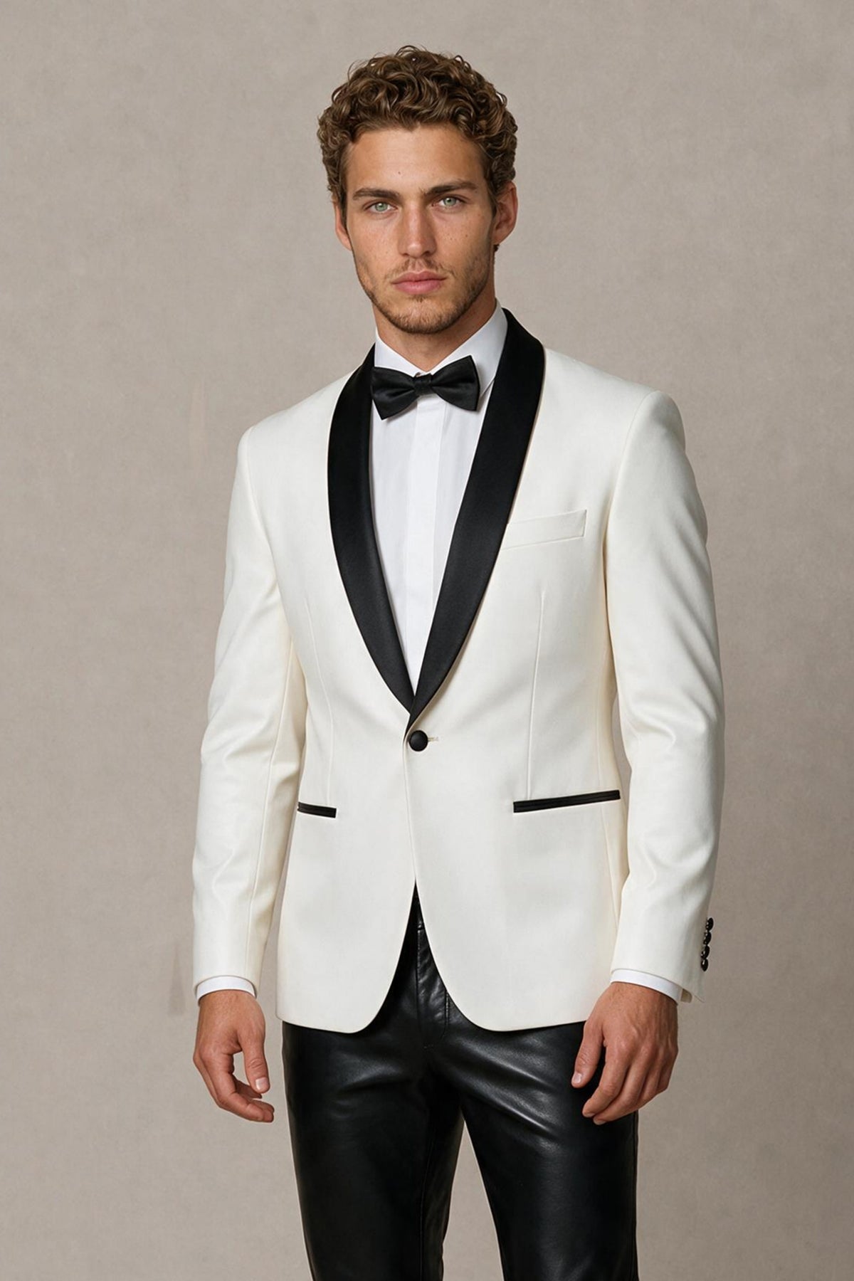 BOLODOO Men's Ivory Tuxedo Blazer FQ0035 - full length front standing view highlighting ivory fabric texture and black shawl lapel contrast