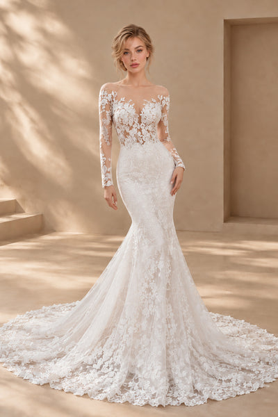 BOLODOO XX053 white long sleeve floral lace mermaid wedding dress, full front view with sweeping train