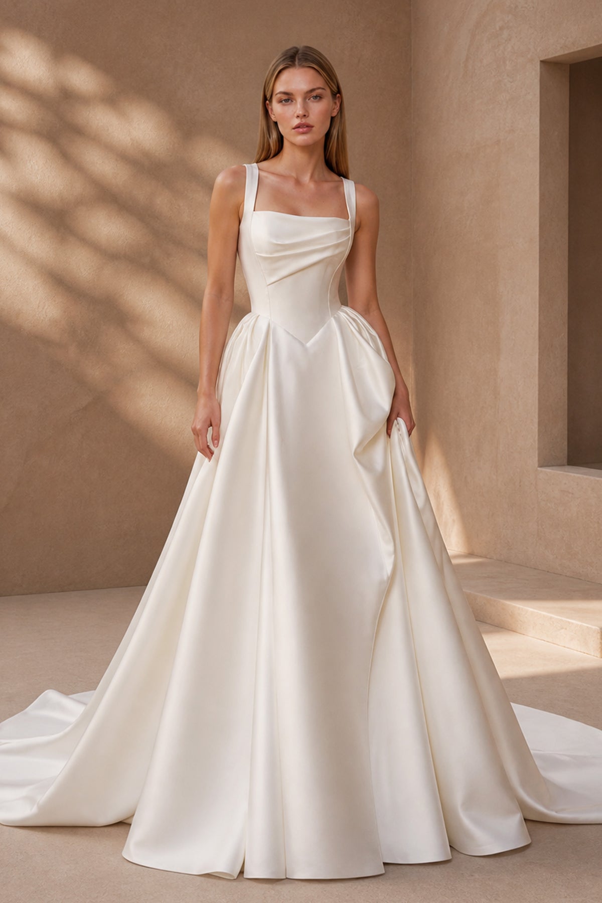 BOLODOO white satin ball gown - full length front view showing square neckline, wide straps, pleated bodice and voluminous A-line skirt with chapel train