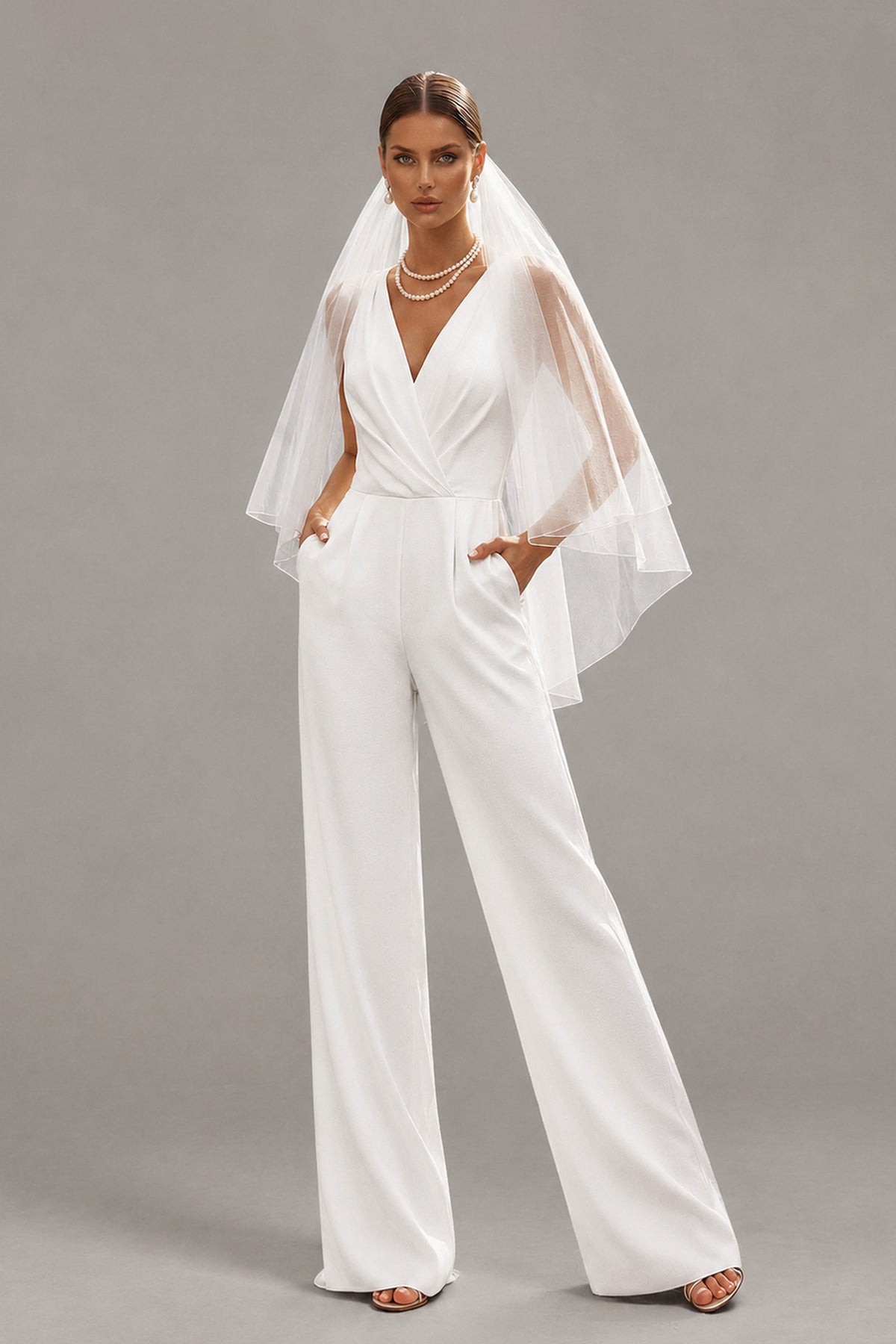 BOLODOO white bridal jumpsuit with wide-leg pants and side pockets, front view
