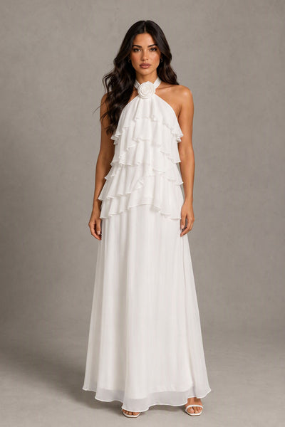 BOLODOO white halter ruffle bridal maxi dress with floral neckline, front view