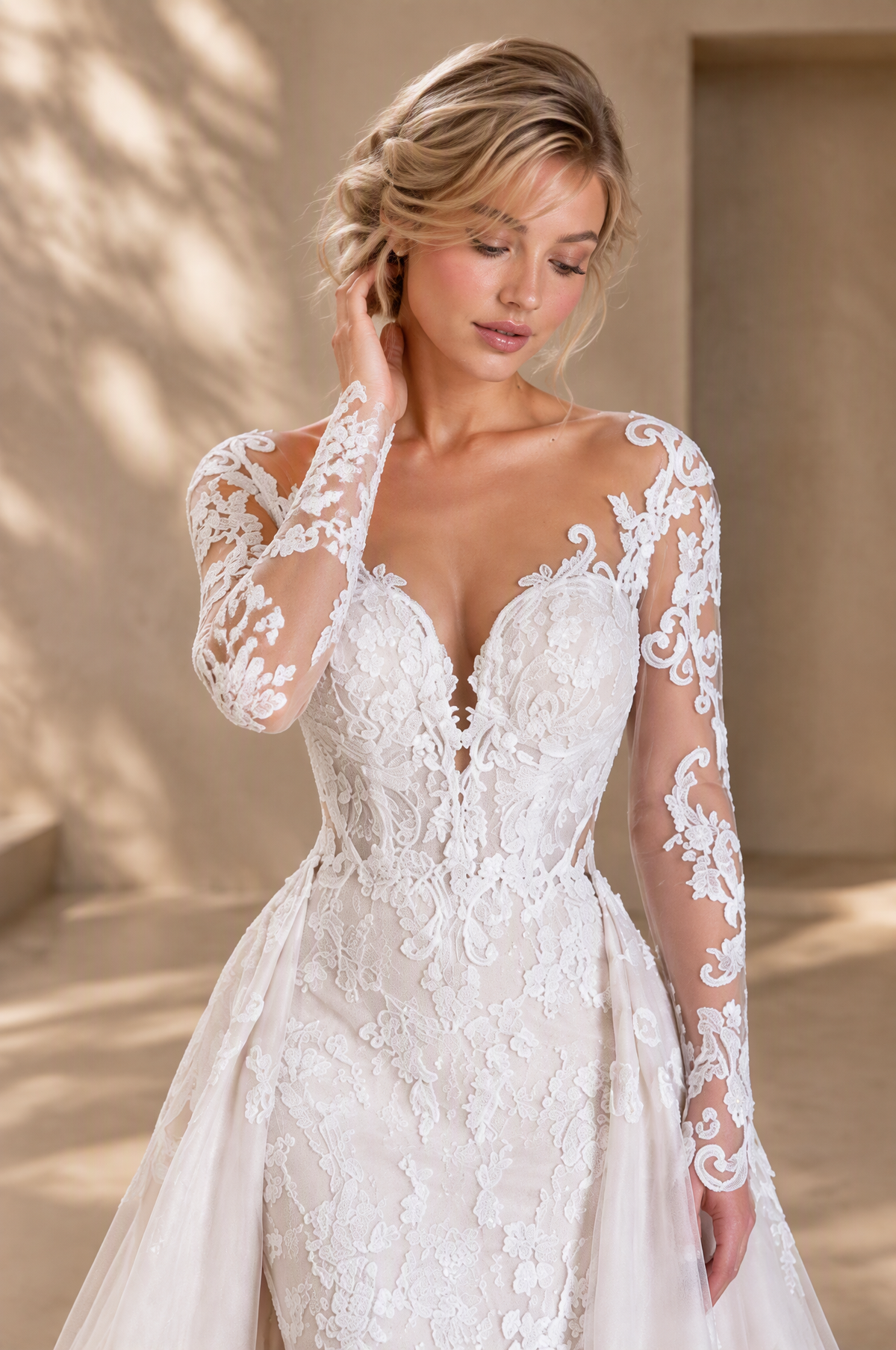 BOLODOO XX052 close-up of plunging illusion neckline and floral lace long sleeves