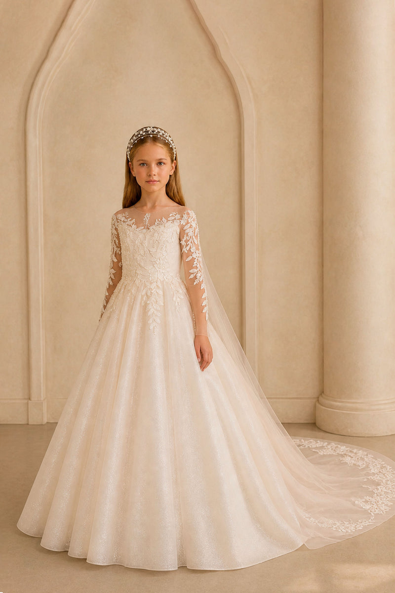 BOLODOO Girls White Illusion Long Sleeve Lace Ball Gown Front View – Leaf Embroidery Bodice and Shimmer Tulle Skirt