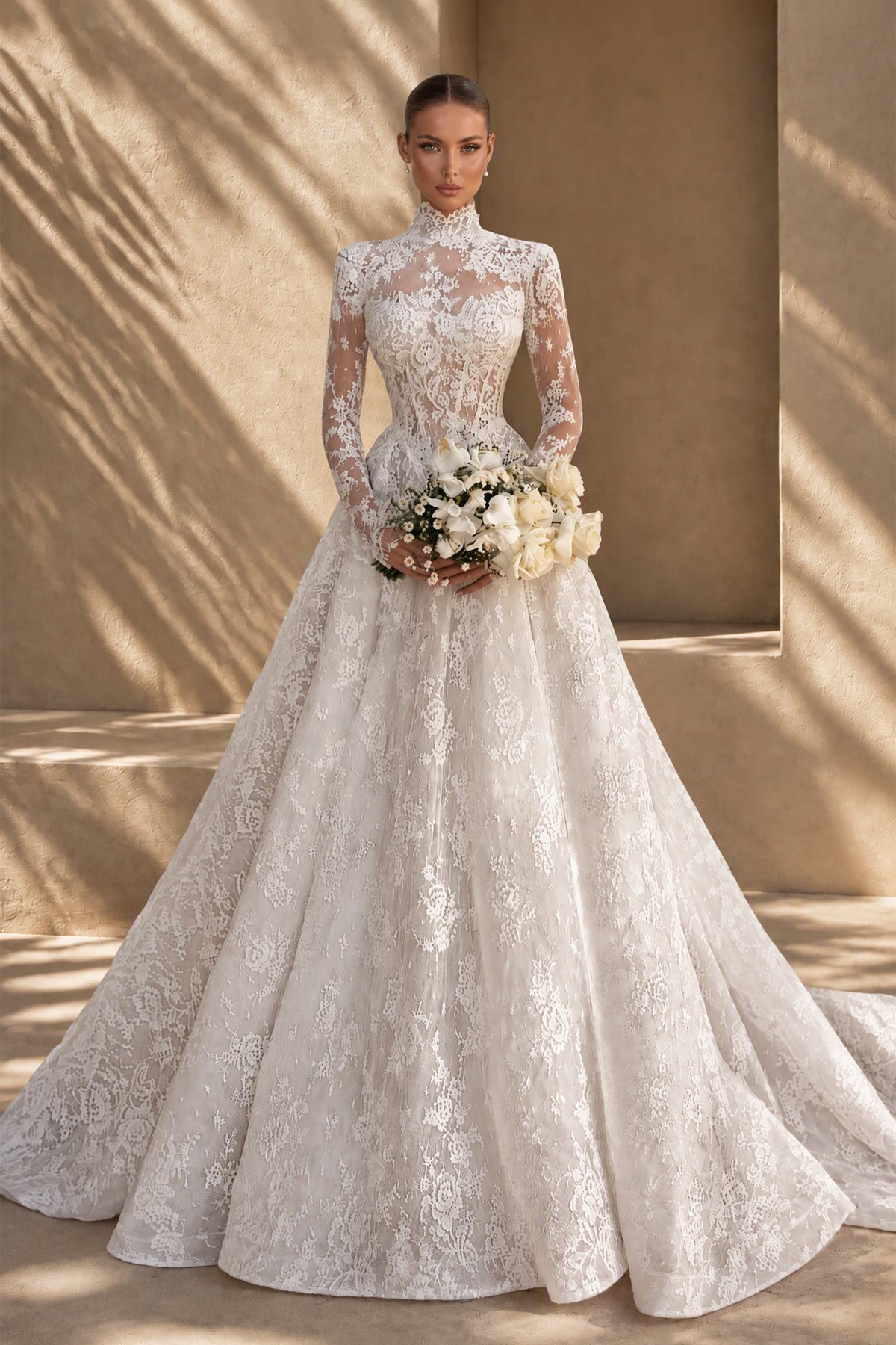 BOLODOO XX051 white high neck long sleeve lace ball gown wedding dress, full front view