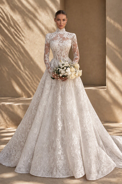 BOLODOO XX051 white high neck long sleeve lace ball gown wedding dress, full front view
