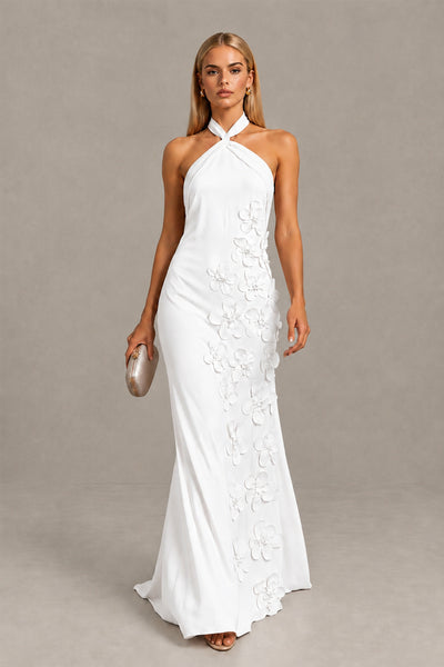 BOLODOO White Cross Halter Neck 3D Floral Appliqué Backless Mermaid Maxi Gown 