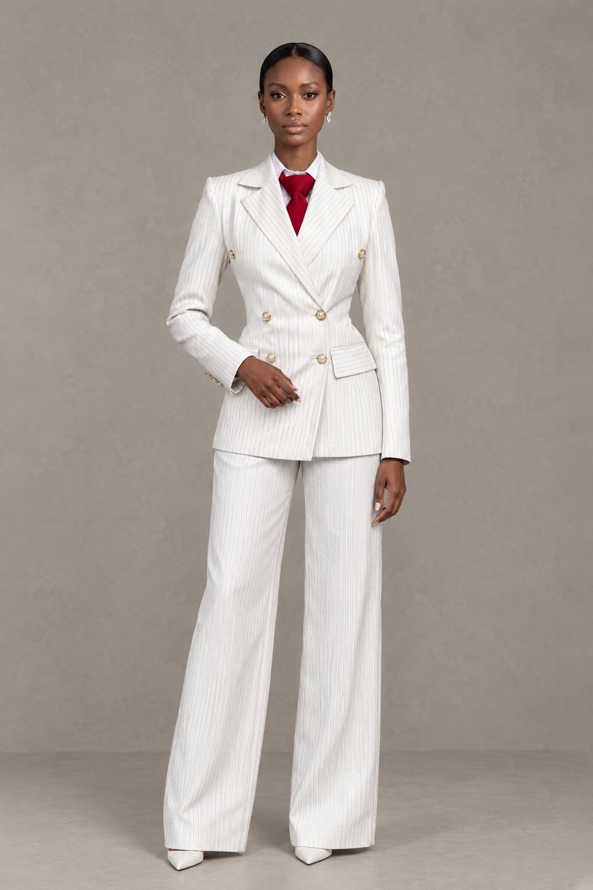 BOLODOO QQ068 white double-breasted blazer and wide-leg pantsuit front full-length view