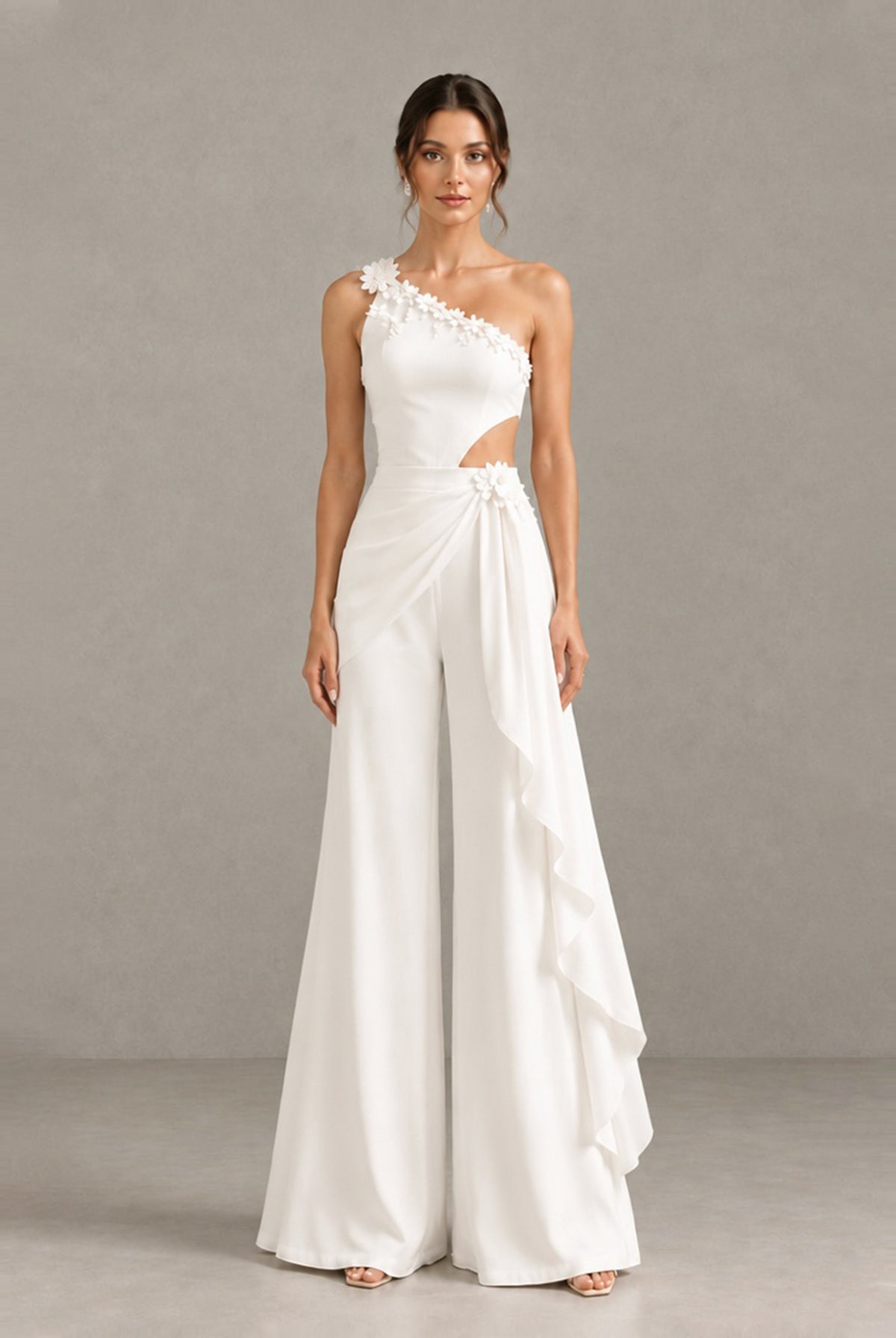 BOLODOO QQ082 white one-shoulder bridal jumpsuit, front view with wide-leg trousers and floral trim