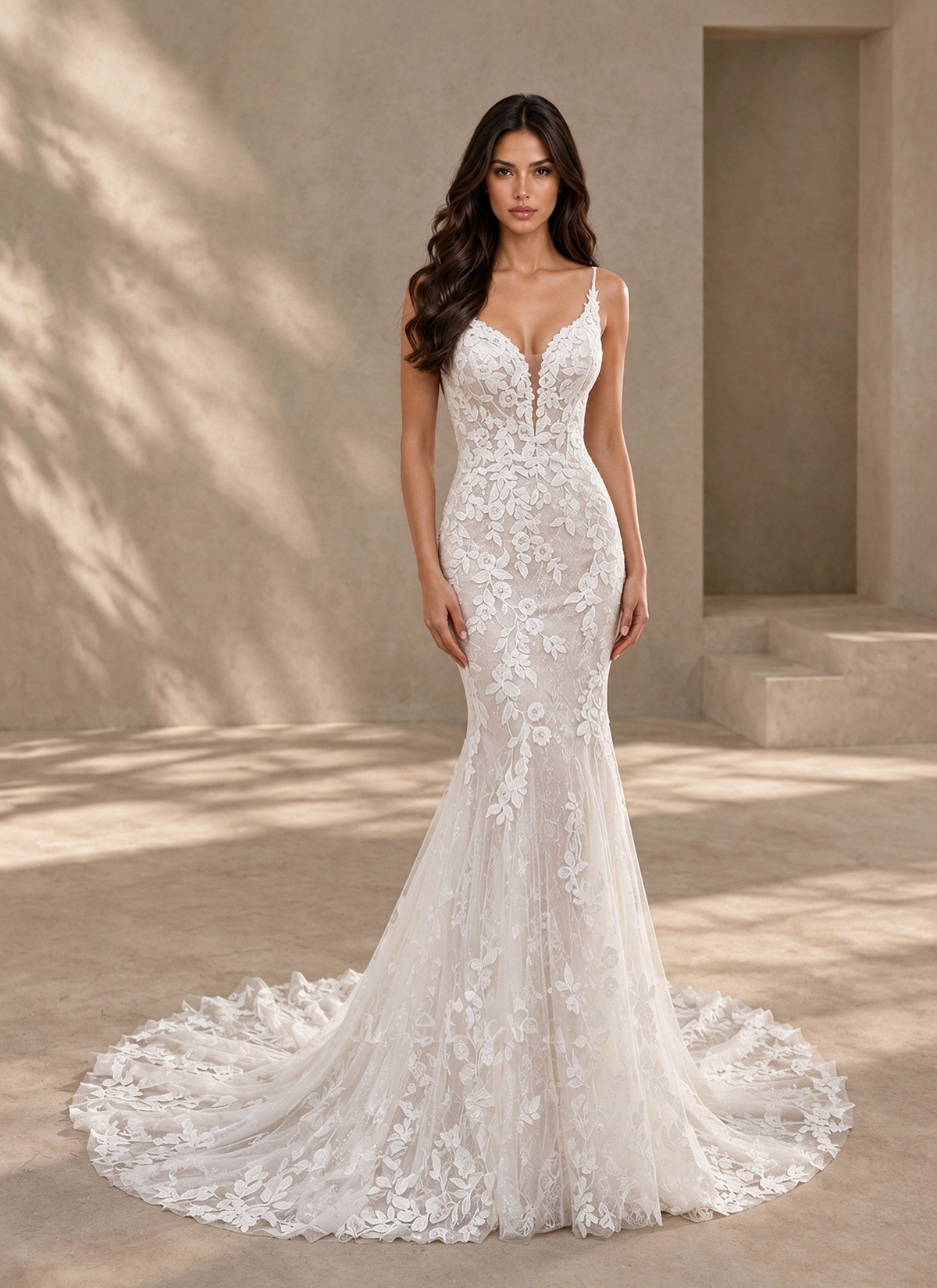 BOLODOO White Floral Lace Mermaid Wedding Dress with Open Back 