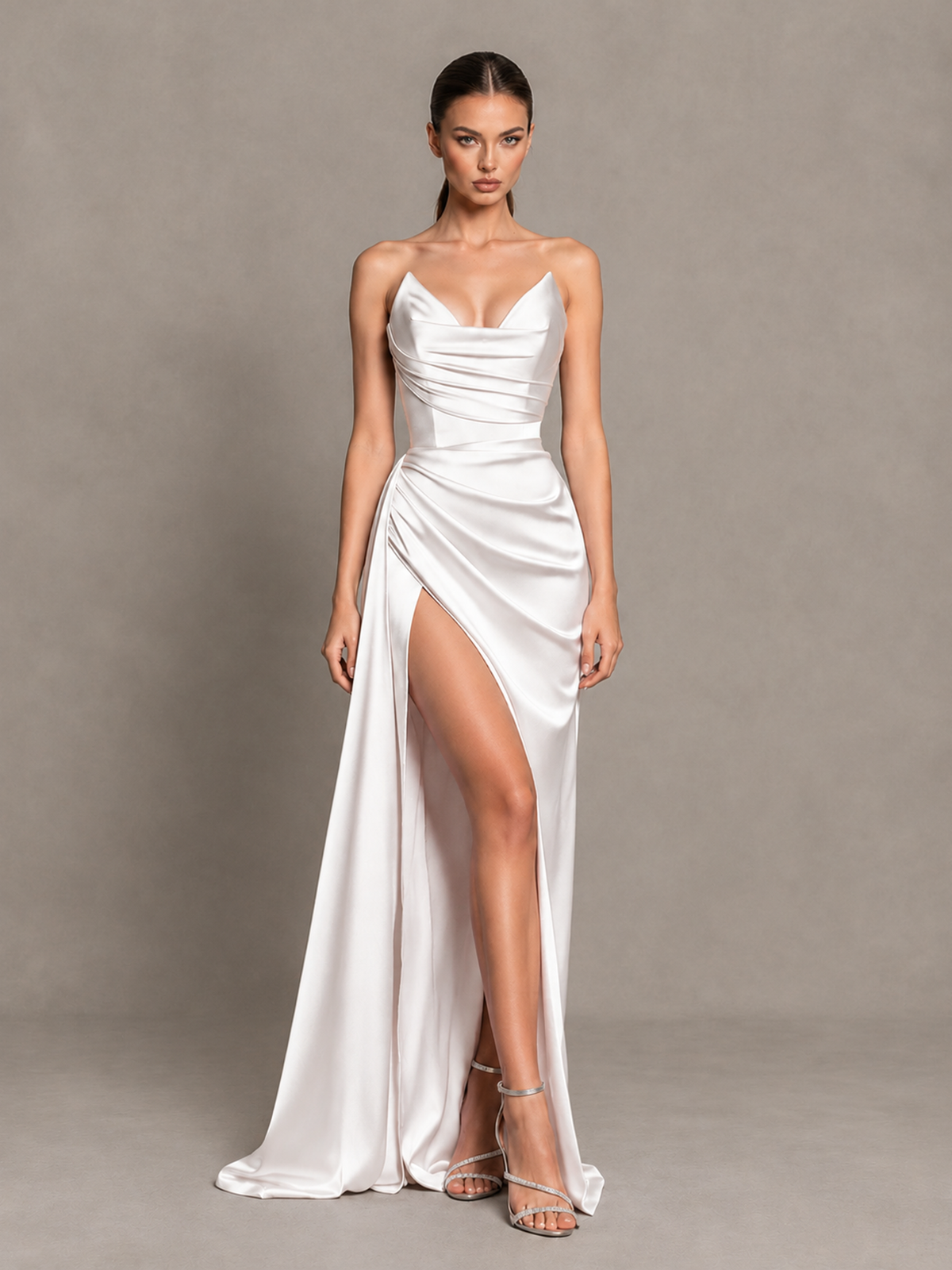 BOLODOO White Strapless Satin High-Slit Lace-Up Prom Dress 