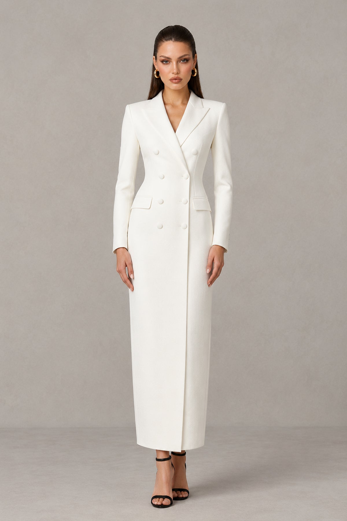 BOLODOO QQ095 white long sleeve double-breasted blazer maxi dress, front view