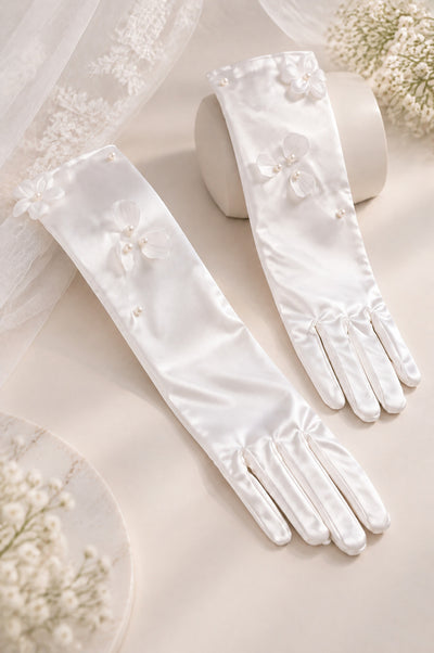 BOLODOO QQ075 white satin bridal gloves with 3D flowers and pearl-like details, styled full-pair view