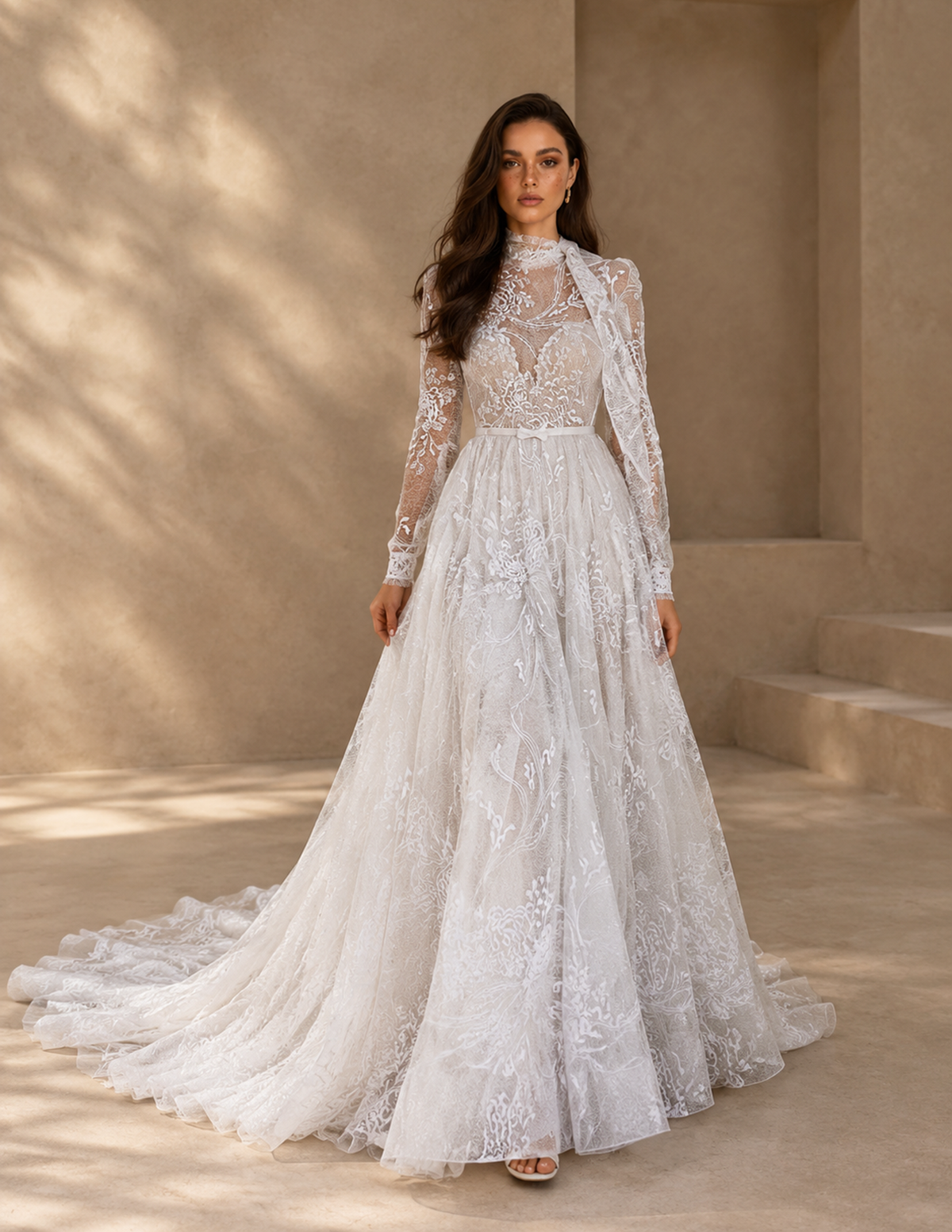 BOLODOO White High Neck Long Sleeve Lace A-Line Wedding Dress with Train 