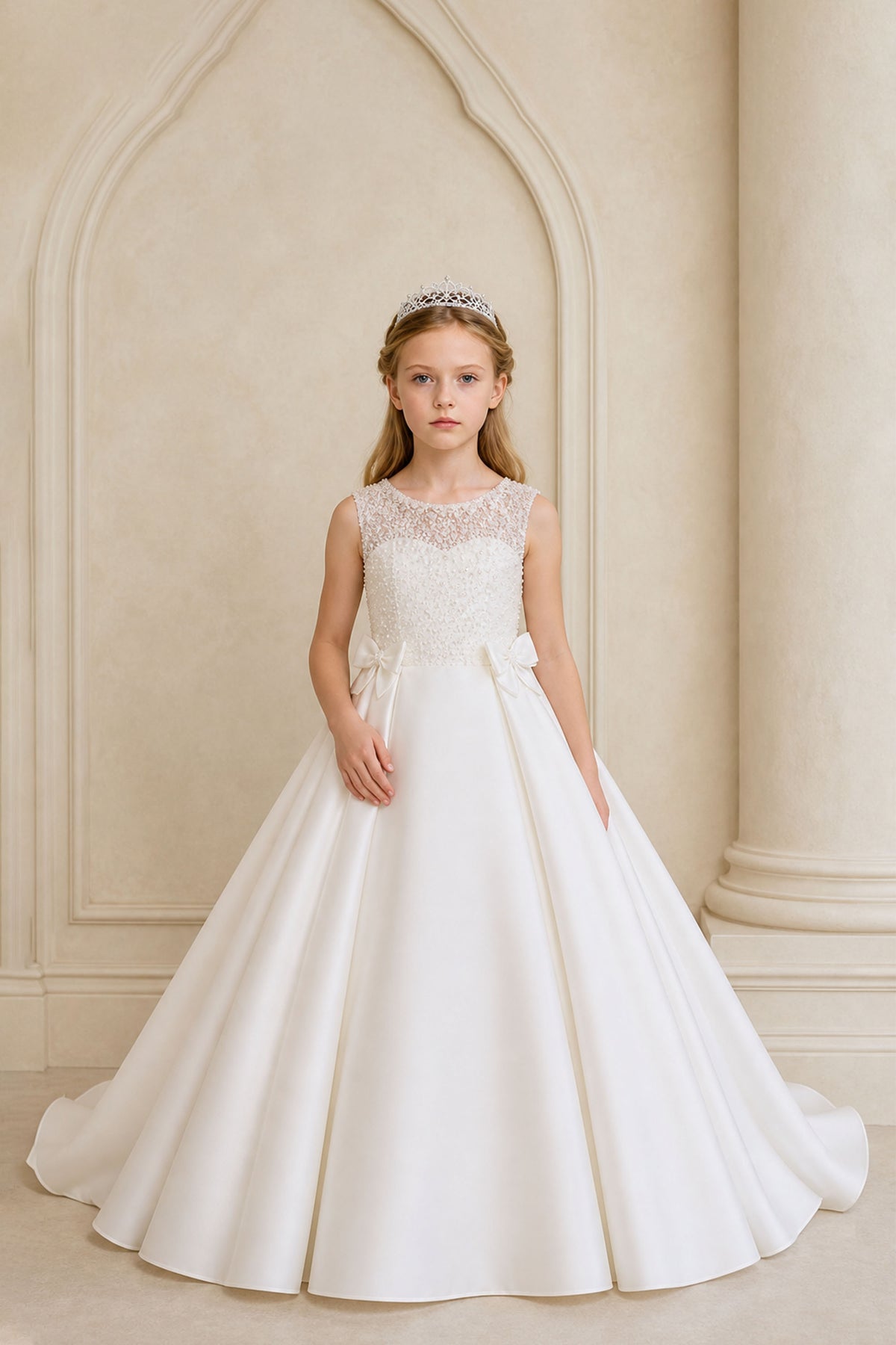 BOLODOO Girls White Satin Ball Gown Flower Girl Dress Front View – Lace Illusion Neckline and Bow Waist