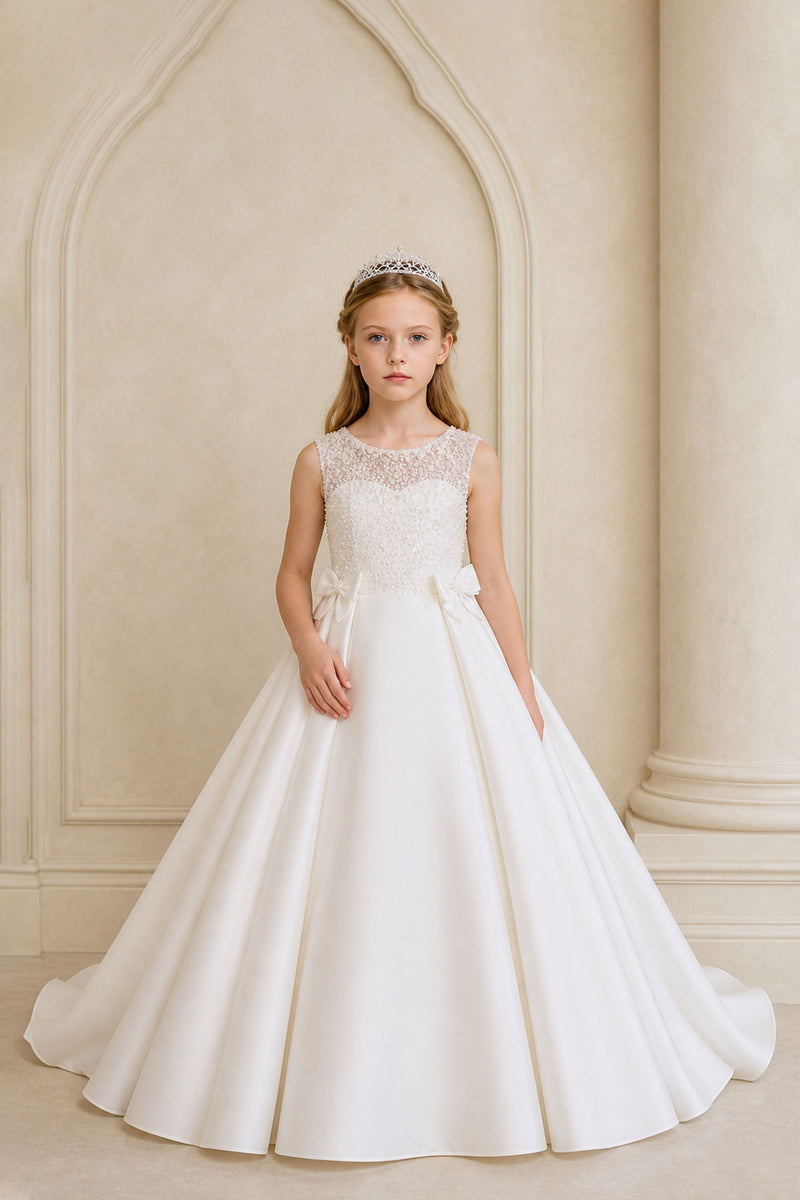 BOLODOO Girls White Satin Ball Gown Flower Girl Dress Front View – Lace Illusion Neckline and Bow Waist