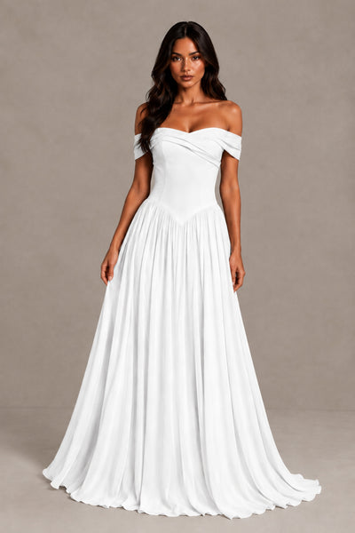 BOLODOO White Off-Shoulder Sweetheart Corset Pleated Chiffon Maxi Dress 