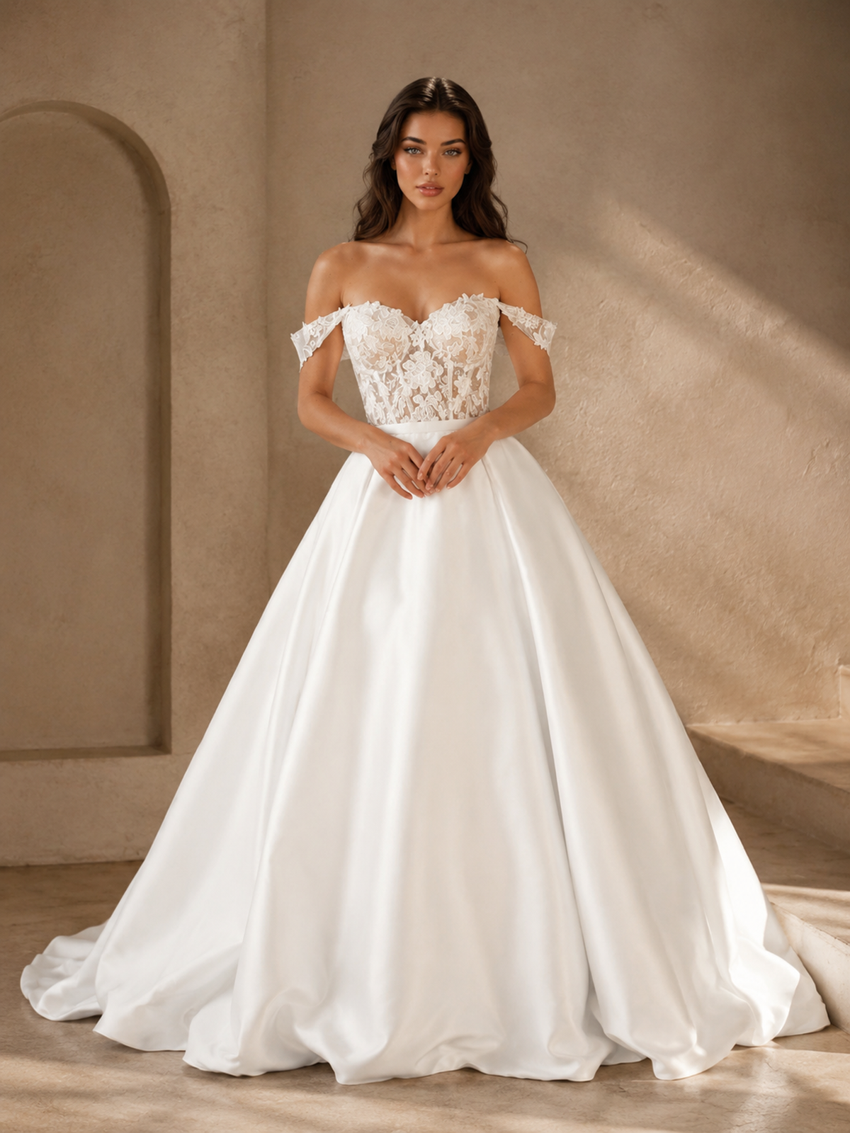 BOLODOO 2-in-1 Off-Shoulder Lace Mini Wedding Dress with Detachable Sophia Overskirt 