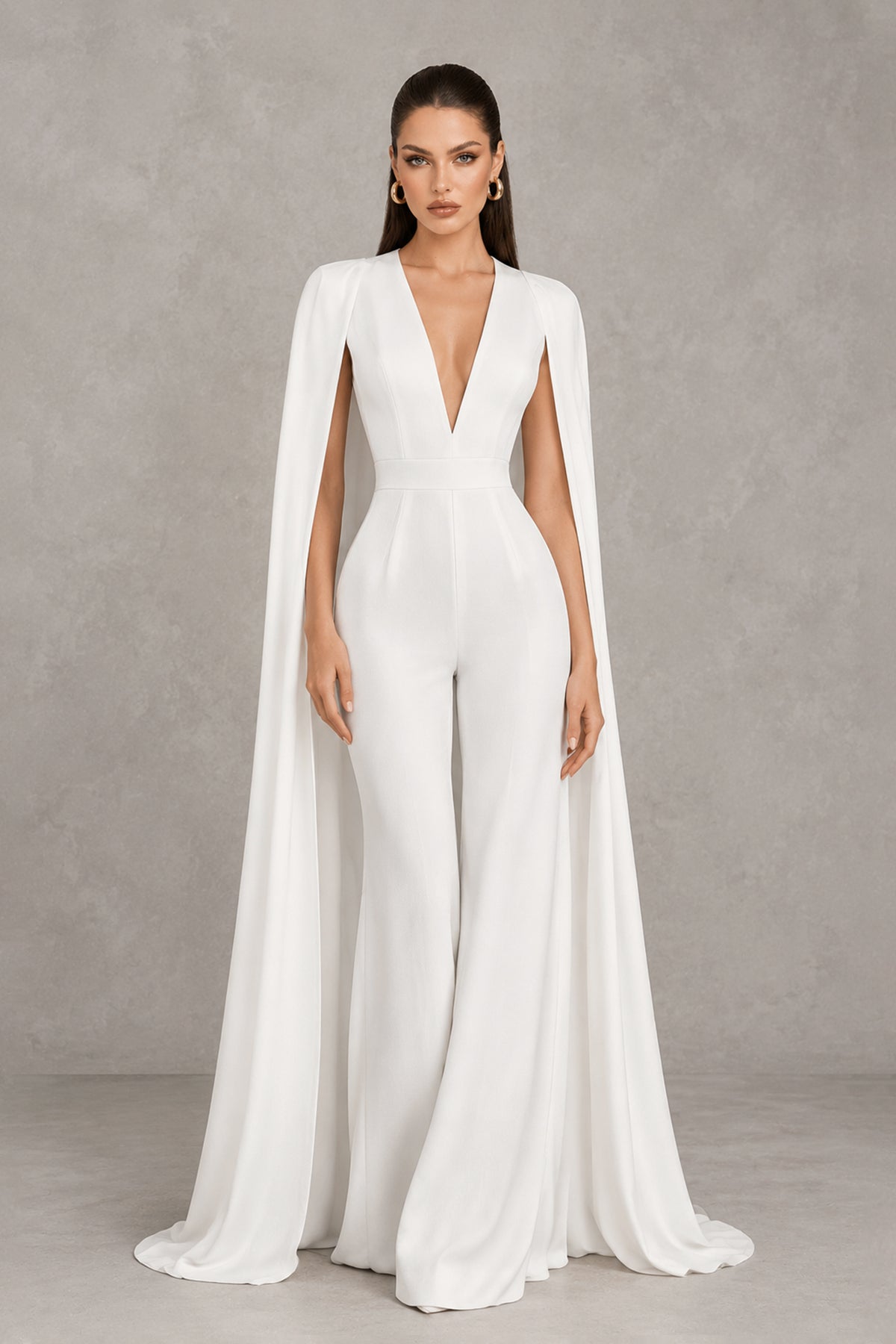 BOLODOO QQ081 white deep V-neck bridal jumpsuit with cape sleeves and wide legs, front view
