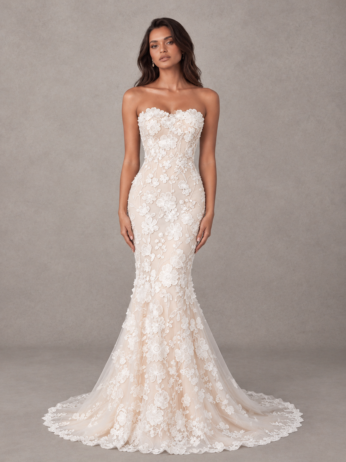 BOLODOO White Strapless 3D Floral Lace Mermaid Prom Dress with Train 