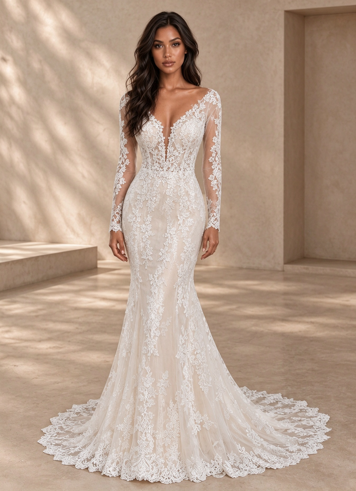 BOLODOO White Long Sleeve Lace Mermaid Wedding Dress with Open Back 