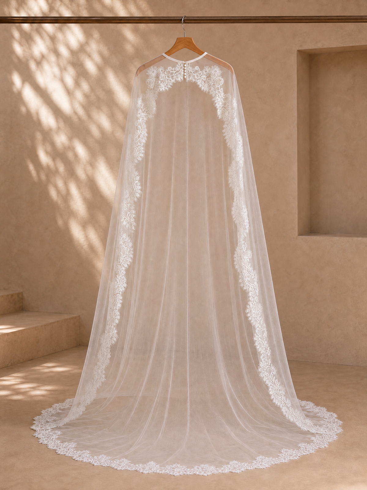 BOLODOO Floral Lace Trim Sheer Bridal Cape Cathedral Length Wedding Cloak 