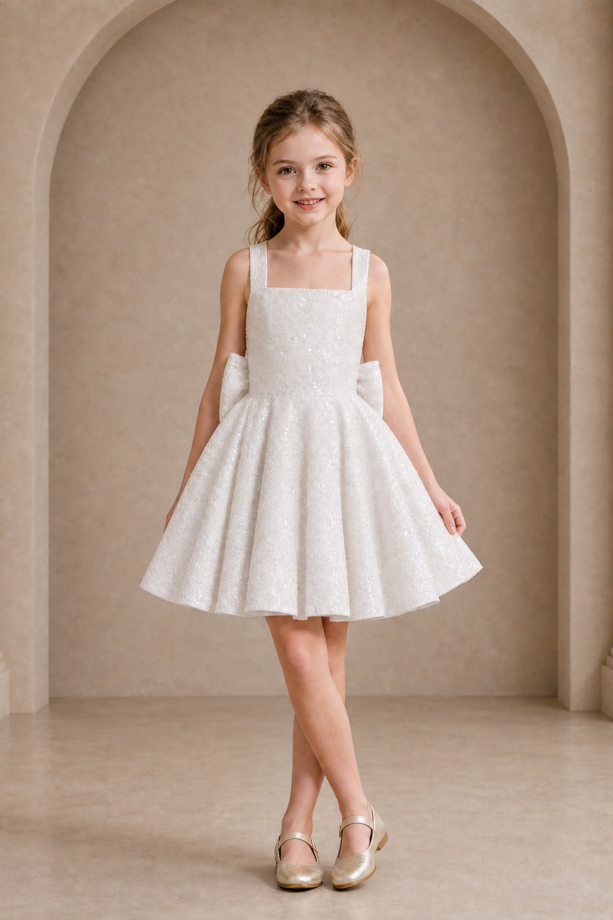 White BOLODOO flower girl dress with fit-and-flare skirt and side bows, full front view