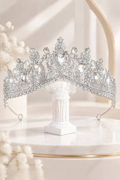 BOLODOO QQ066 silver-tone bridal tiara crown with clear stones, front view
