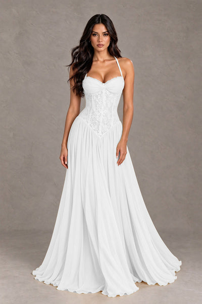 BOLODOO White Lace Corset Halter Maxi Gown – Backless A-Line Formal Dress 