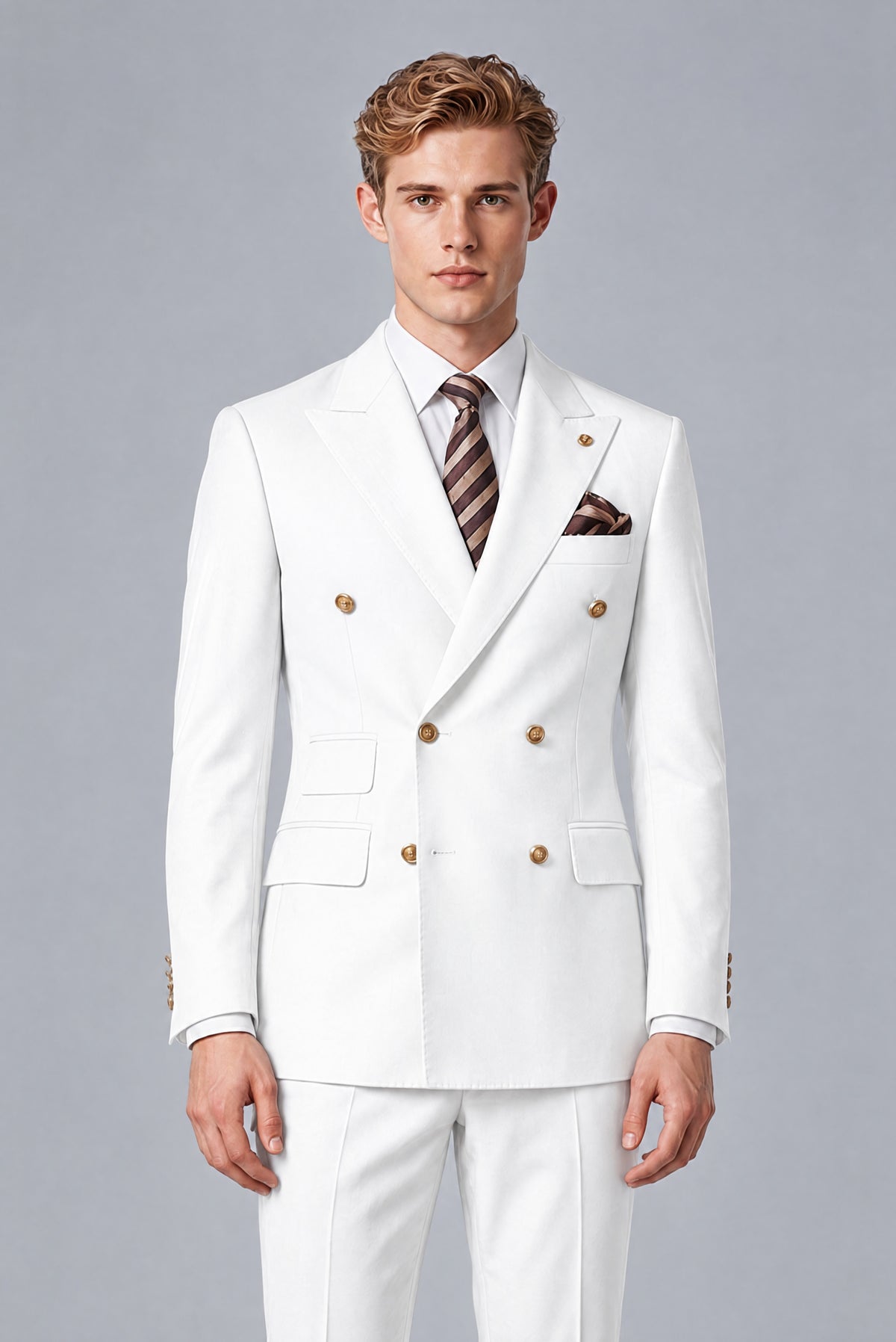 Bolodoo FQ1006 white suit jacket with peaked lapels, gold-tone buttons and long sleeves, front detail