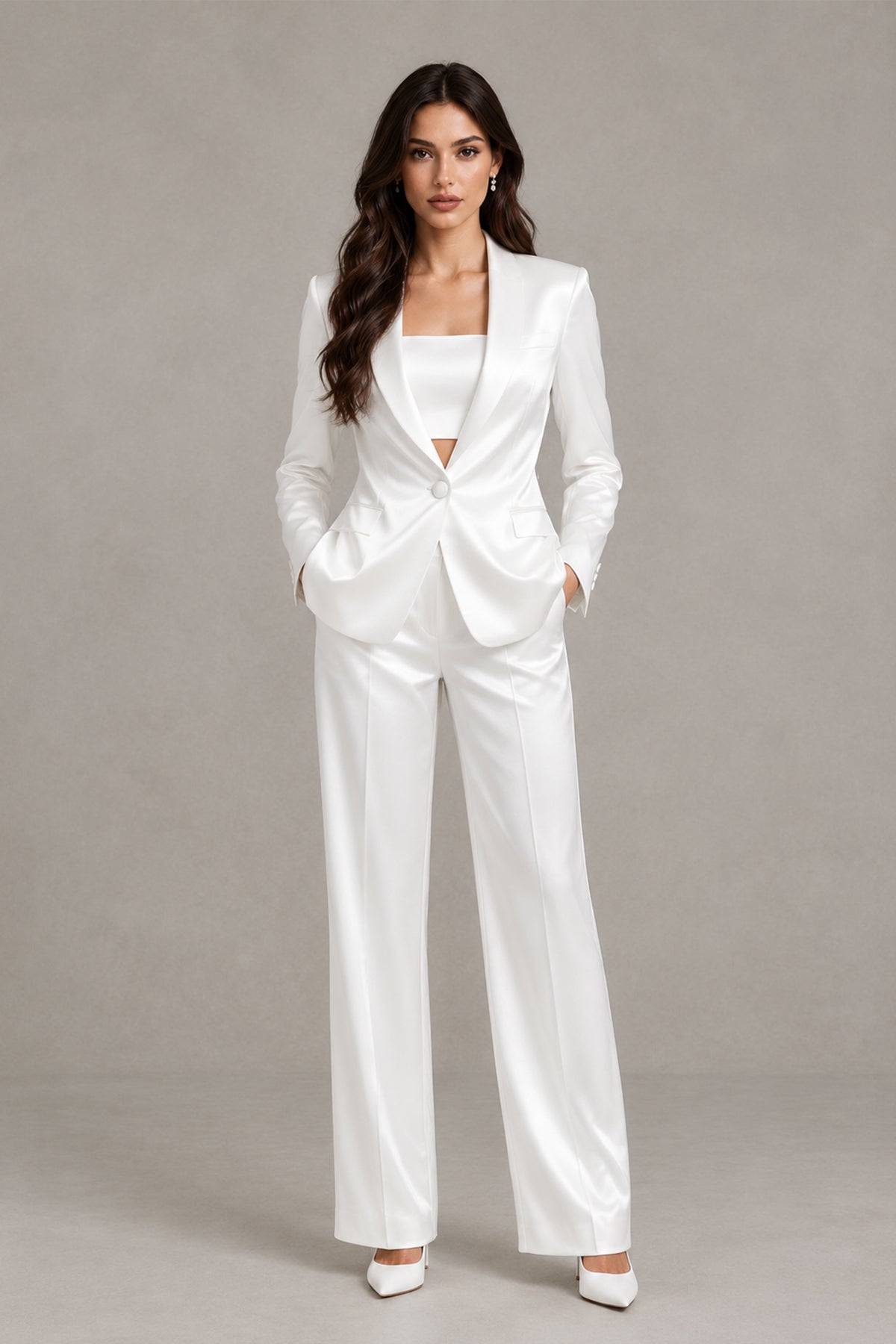 BOLODOO QQ092 white two-piece bridal pantsuit with long sleeve blazer and wide-leg trousers, front view