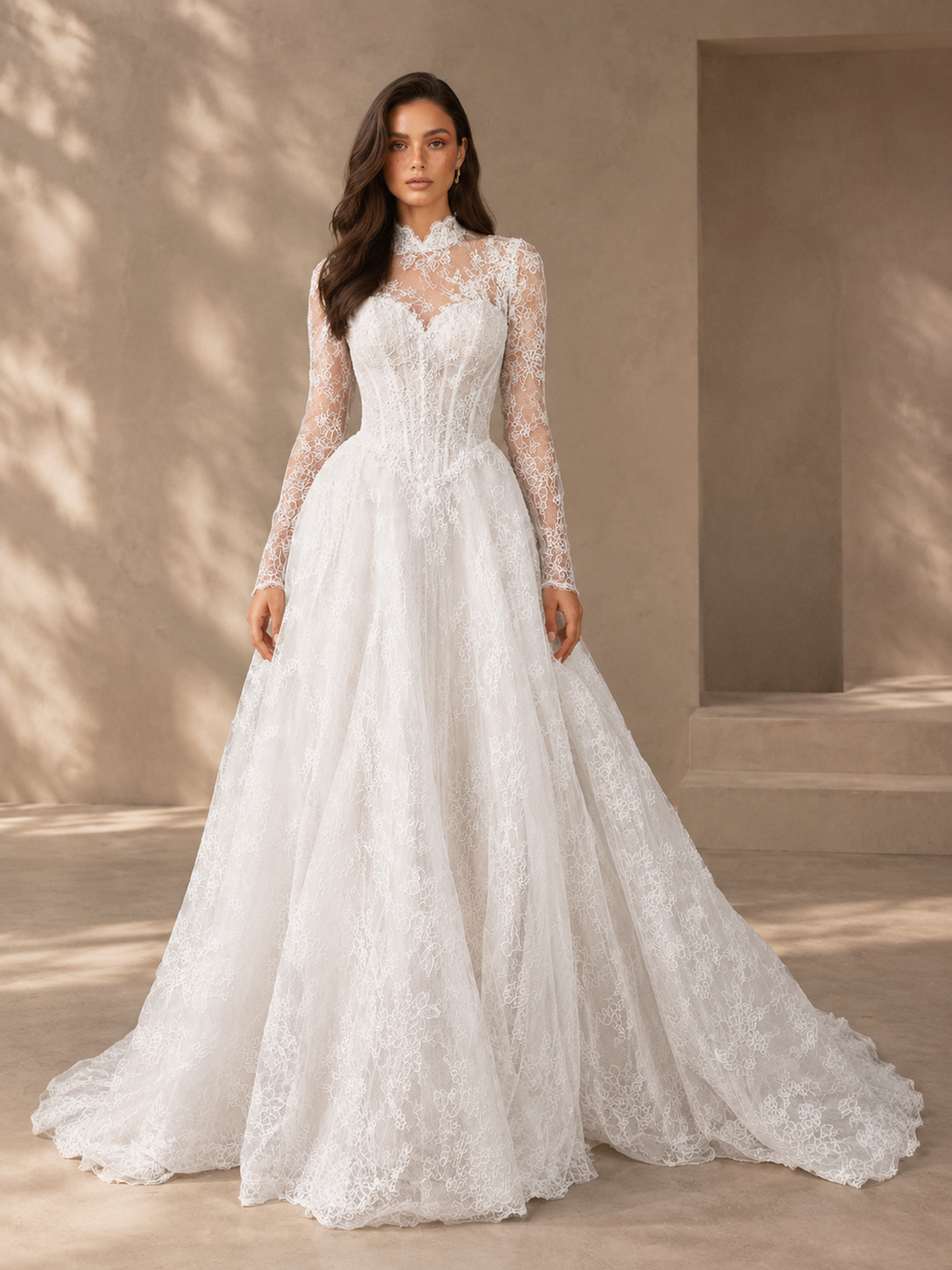 BOLODOO SUC003 white floral lace A-line wedding dress, front view with high illusion neckline and long sleeves