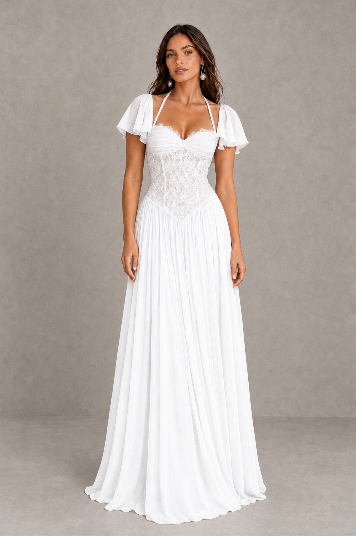 BOLODOO White Flutter Sleeve Lace Corset A-Line Maxi Dress 