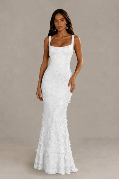 BOLODOO White Sequin 3D Floral Mermaid Maxi Gown – Lace-Up Back Formal Dress 