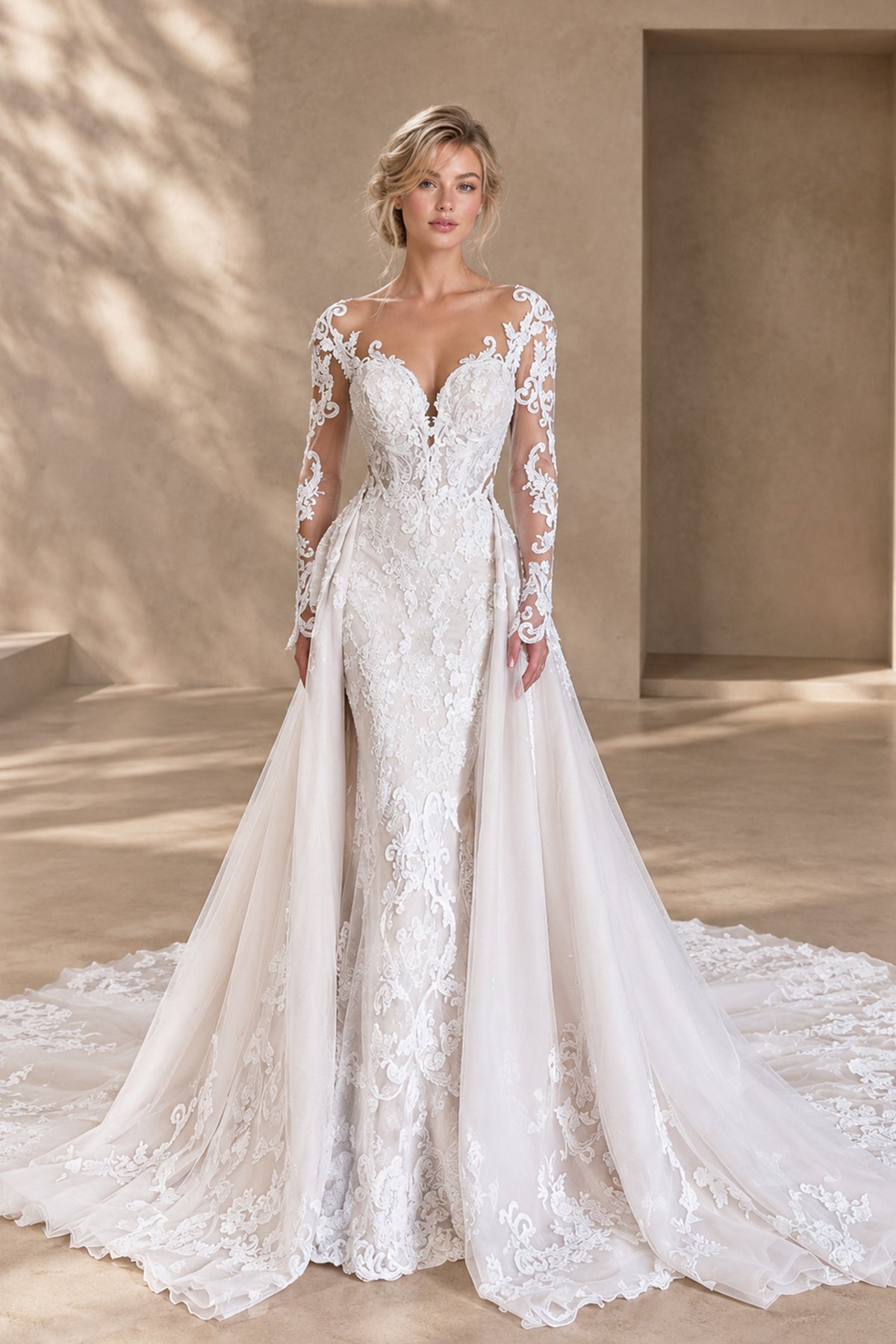 BOLODOO XX052 white lace wedding gown, wide front view of overskirt panels and sweeping train