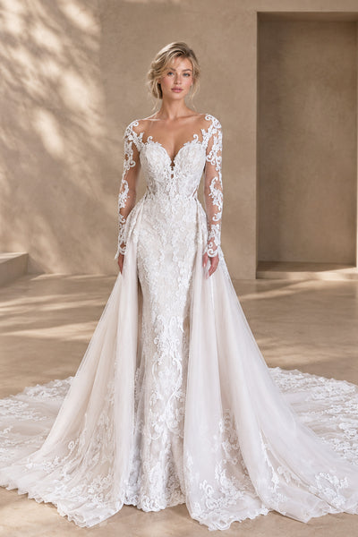 BOLODOO XX052 white lace wedding gown, wide front view of overskirt panels and sweeping train