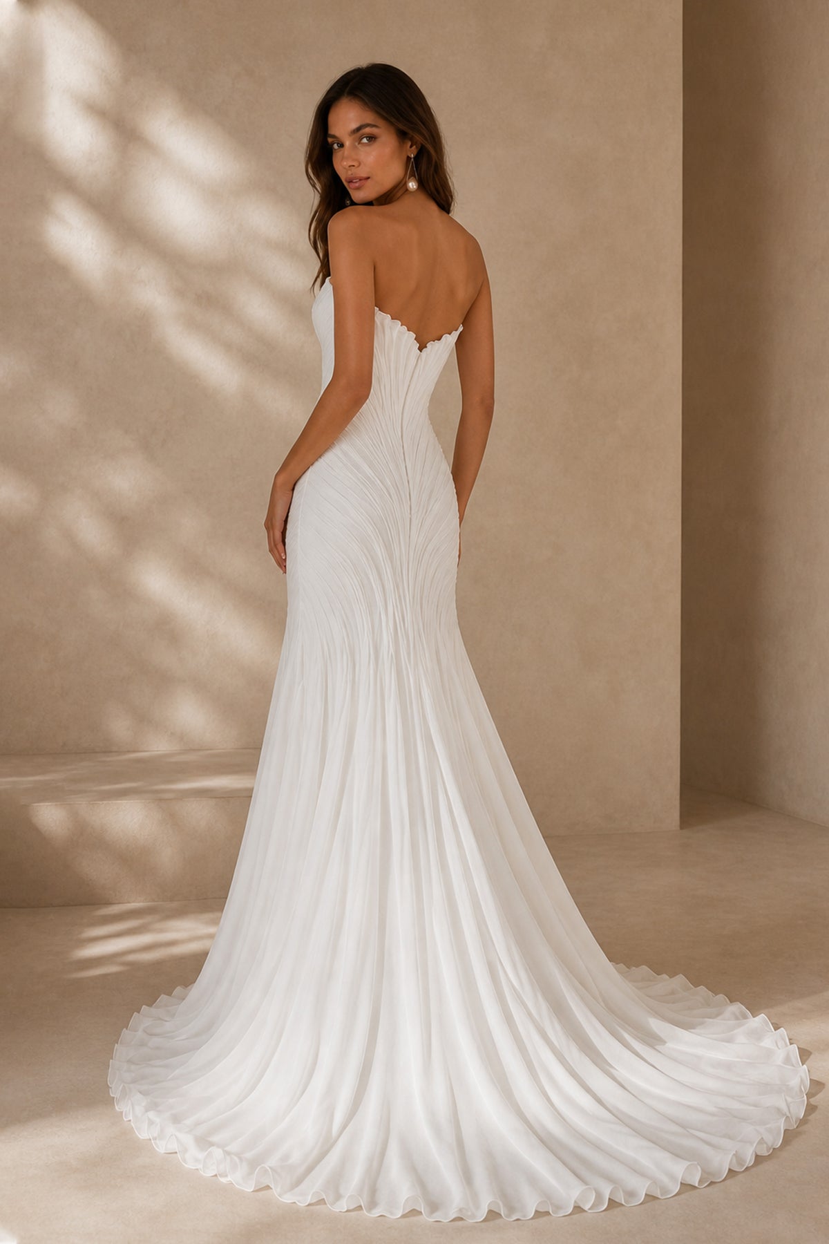 BOLODOO white mermaid bridal gown - full length front view showing trumpet silhouette and chapel train