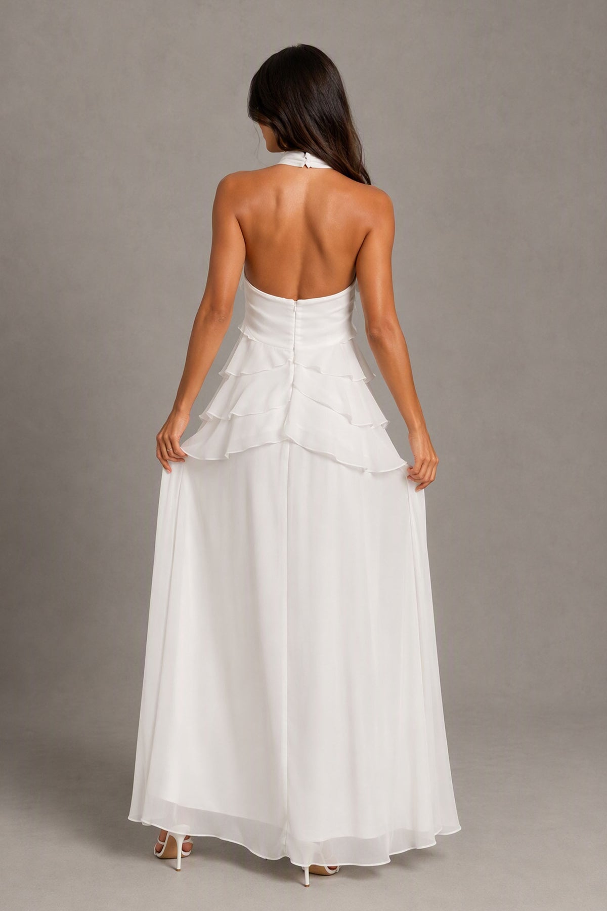 BOLODOO white halter bridal maxi dress showing open back and center-back zipper