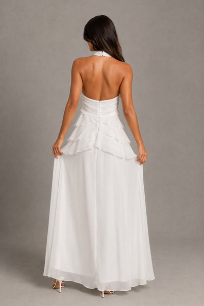 BOLODOO white halter bridal maxi dress showing open back and center-back zipper