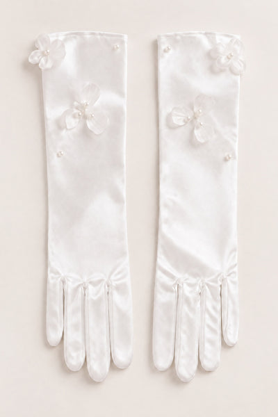 BOLODOO white long full-finger bridal gloves, flat-lay view of the complete pair