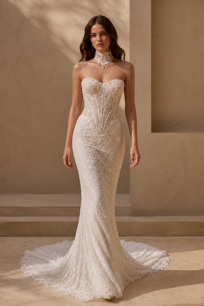 BOLODOO ivory embroidered lace mermaid wedding gown without overskirt - full length front view showcasing sleek mermaid silhouette and full-body beaded lace