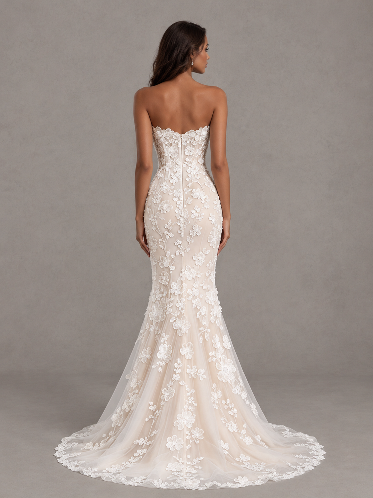BOLODOO White Strapless 3D Floral Lace Mermaid Prom Dress with Train 