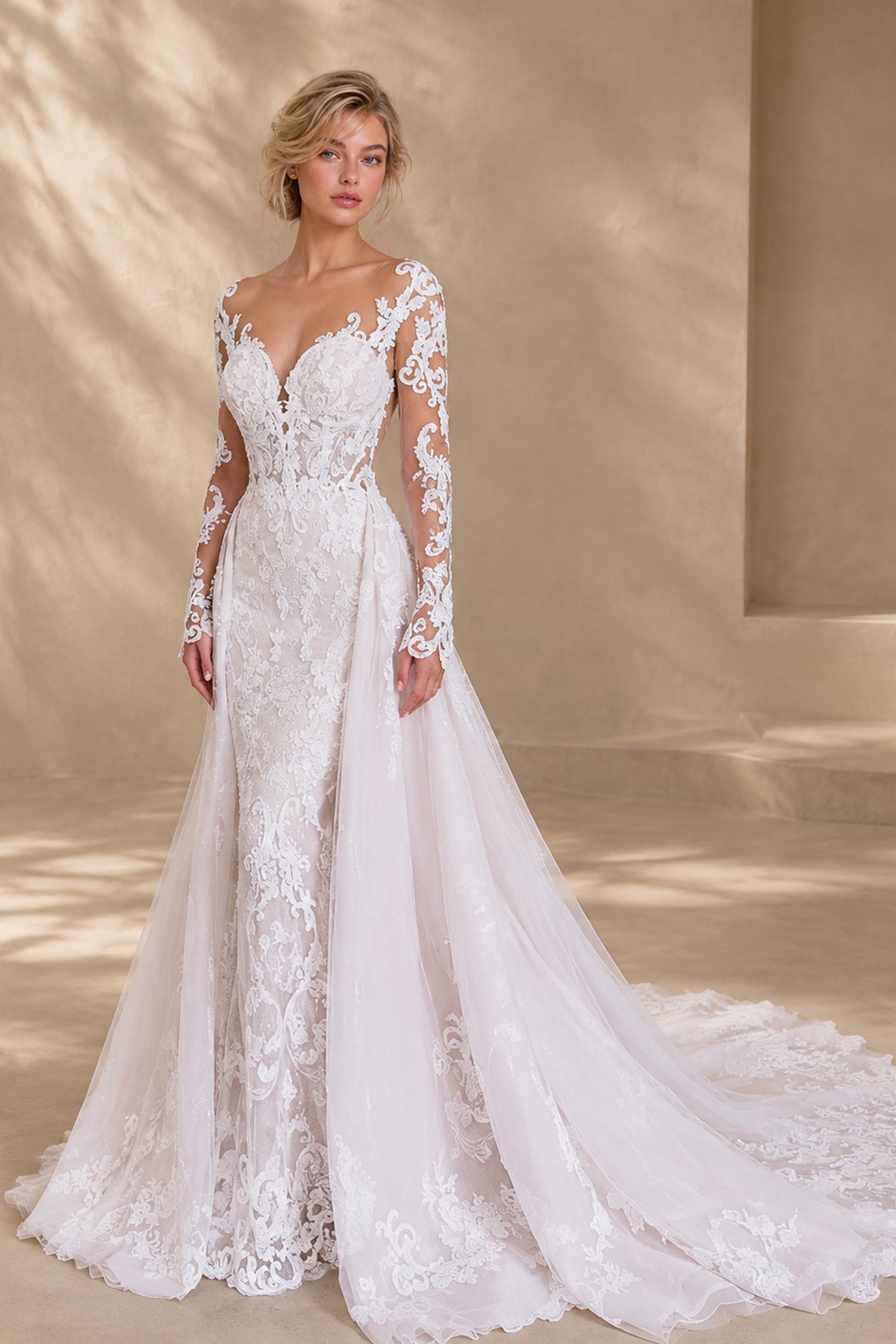 BOLODOO white lace bridal gown, angled full-length view showing flowing overskirt and train