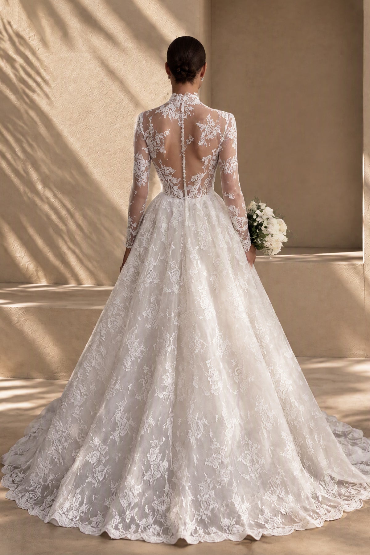 BOLODOO white lace ball gown wedding dress, rear view of illusion button back and sweeping train