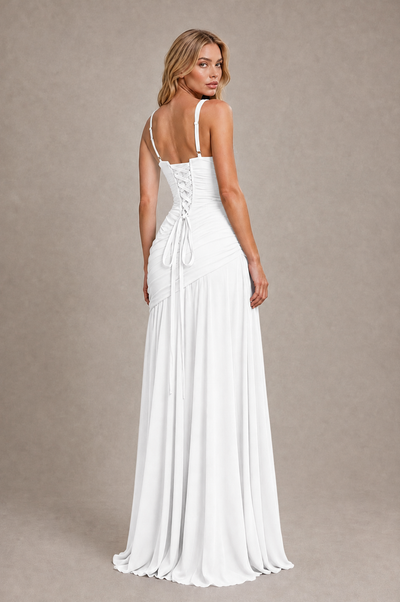 BOLODOO White Spaghetti Strap Ruched Maxi Dress – Formal Evening Gown with Slit 