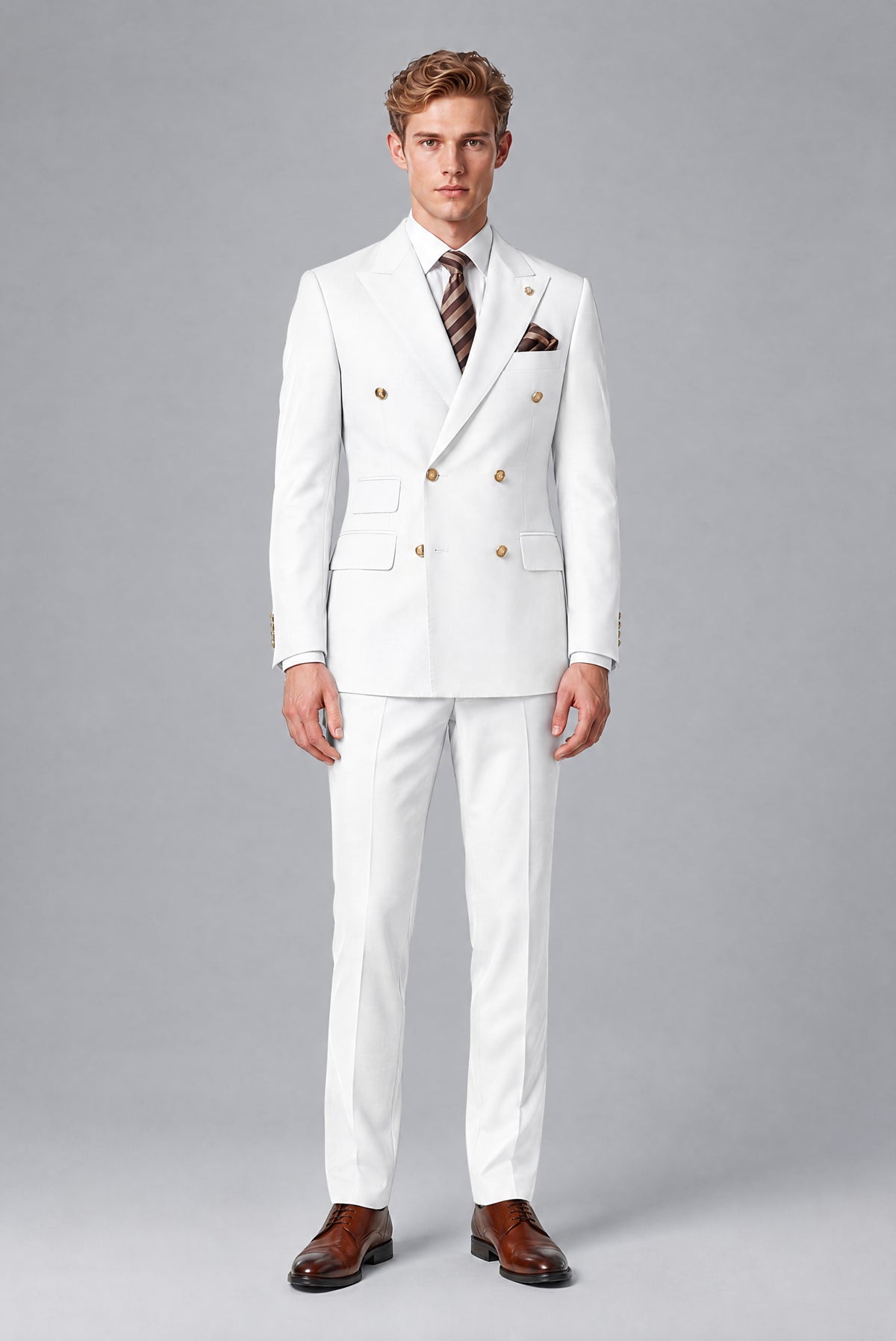 Bolodoo FQ1006 men's white double-breasted two-piece suit with matching trousers, front full-length view