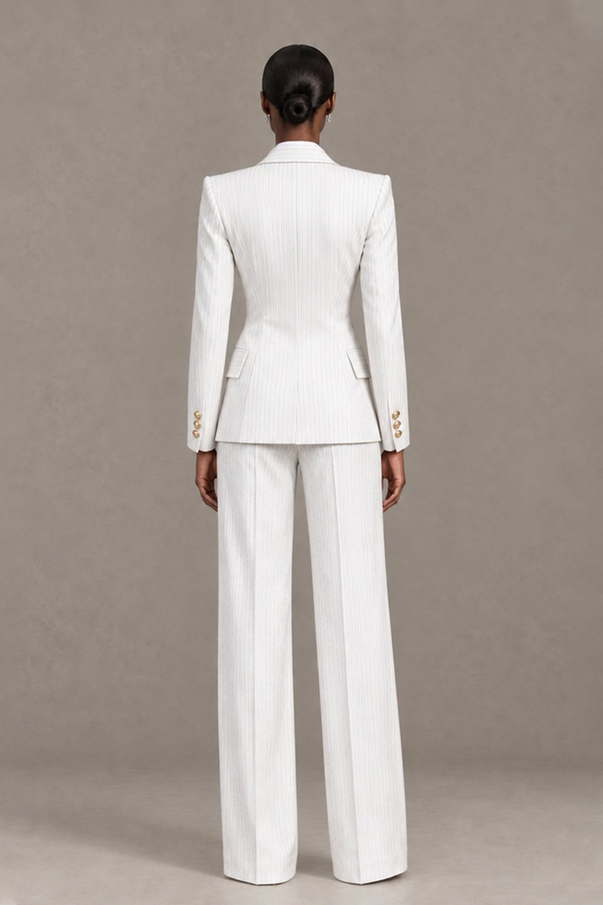 BOLODOO QQ068 white pantsuit back view showing covered-back blazer and wide-leg trousers